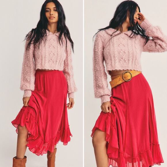 NWT Loveshackfancy Lil Silk Midi Skirt BORDEAUX Size 0 Flounce Hem Flowy Chiffon - Picture 1 of 16